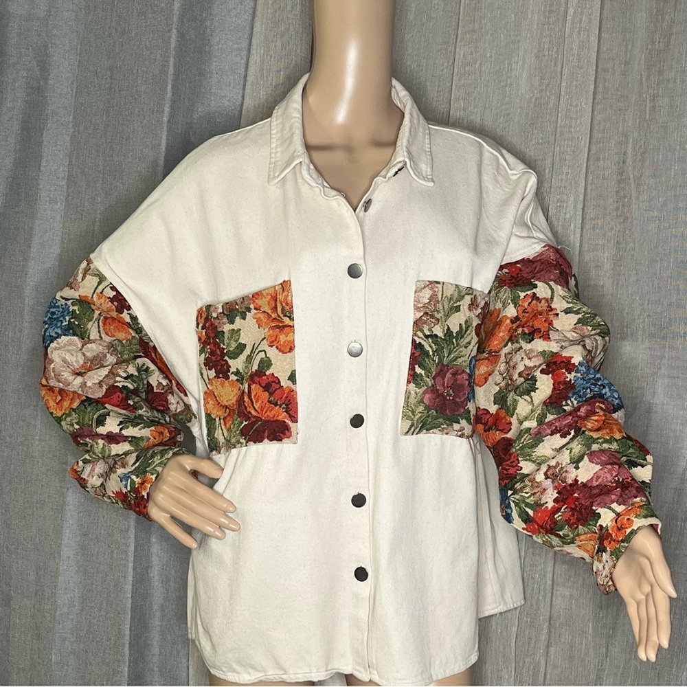 POL JACQUARD FLORAL VINTAGE CONTRAST SLEEVE SHACKET Cream Medium